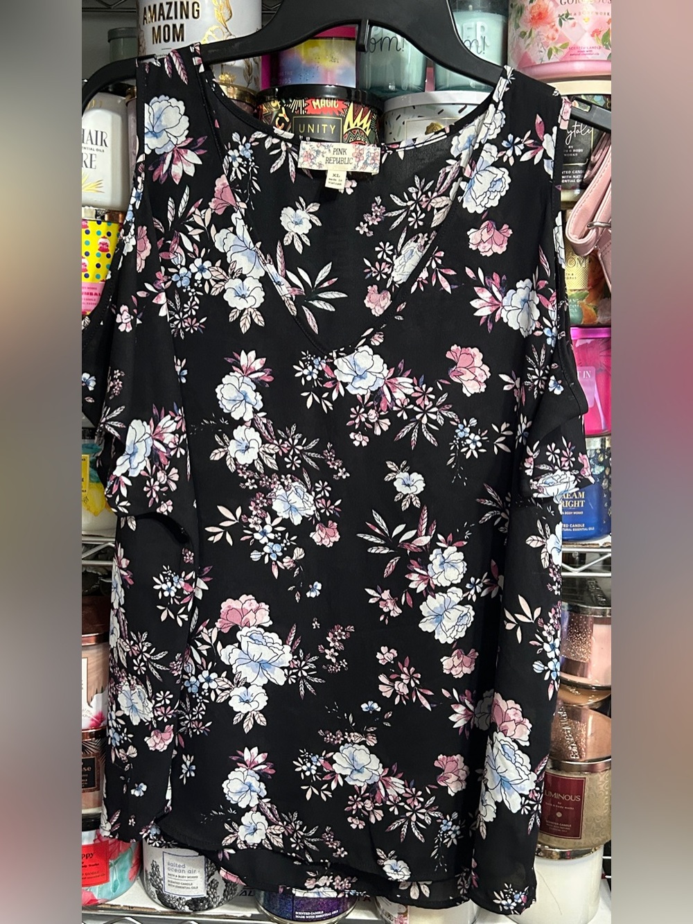 Pink Republic Black Floral Cold-Shoulder Blouse